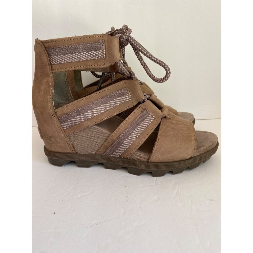 Sorel Joanie ll Lace Webbing Ash Brown Open Toe Cut Out Wedge Heel Sandal 8 - Picture 3 of 7